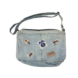 Vintage Shane Patches Retro Denim Bag Purse Zip Closure Adjustable Strap 80s 90s
